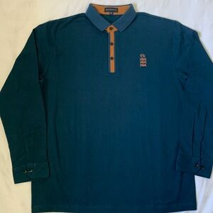 Kent&Curwen teal cotton polo collar fine knit long sleeve brown accents NWOT